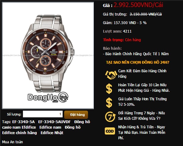 Giá bán đồng hồ Casio Edifice EF-334D-5AVUDF ở Đồng hồ 24h