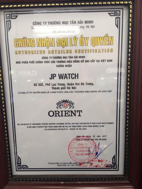 giấy chứng nhận JPWatch là đại lý chính thức bán đồng hồ Orient chính hãng